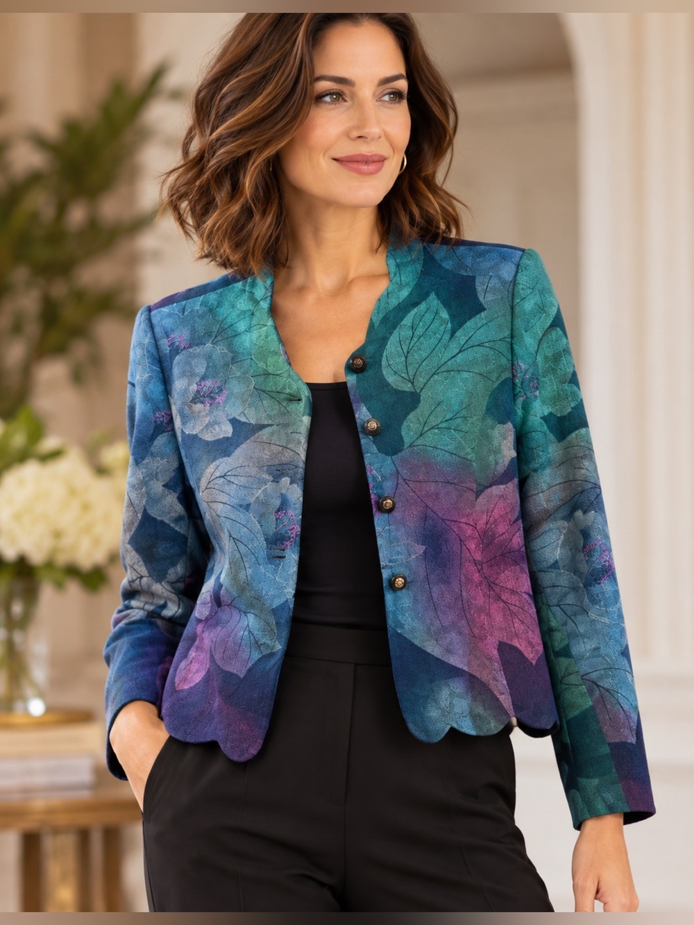 Fashion Gen Vintage Japanese Floral Art to Wear Jacket Scalloped Hem M Naturecor
